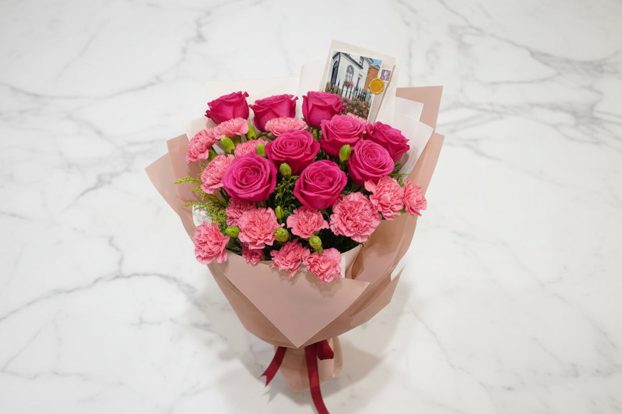 (桃紅) 玫瑰花十支康乃馨花束 Mr.039