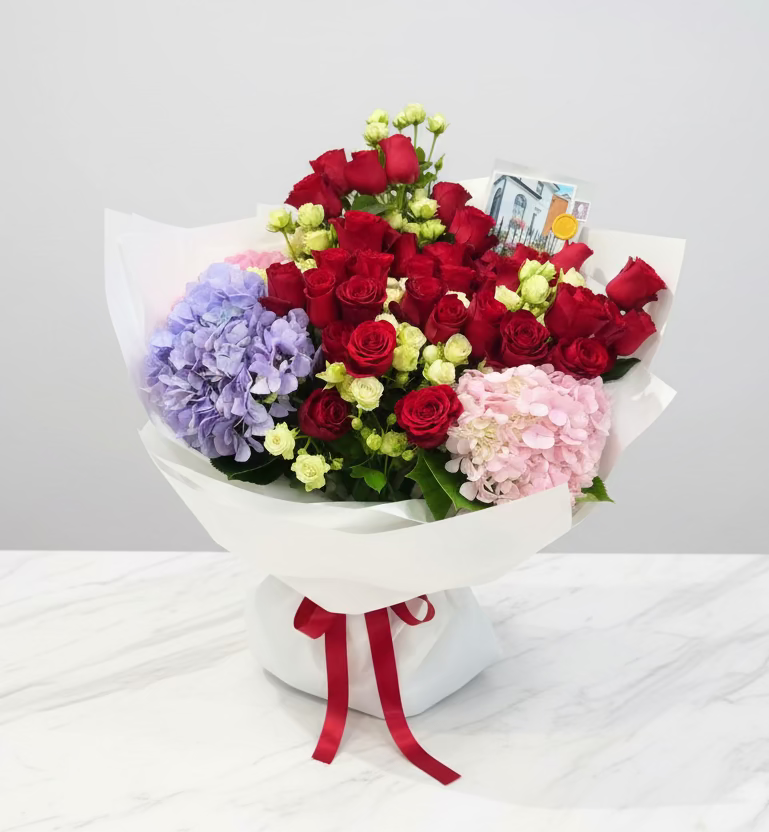 (紅色) 玫瑰36枝繡球花束 Mr.036