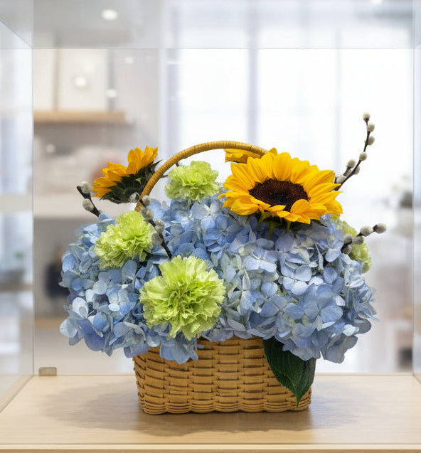(粉藍色) 繡球花向日葵手提籃 Mr.0131