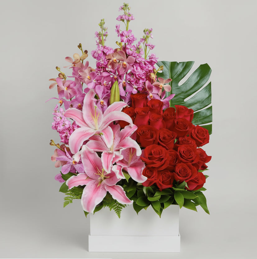 (紅色) 玫瑰10支百合花盒 Mr.025