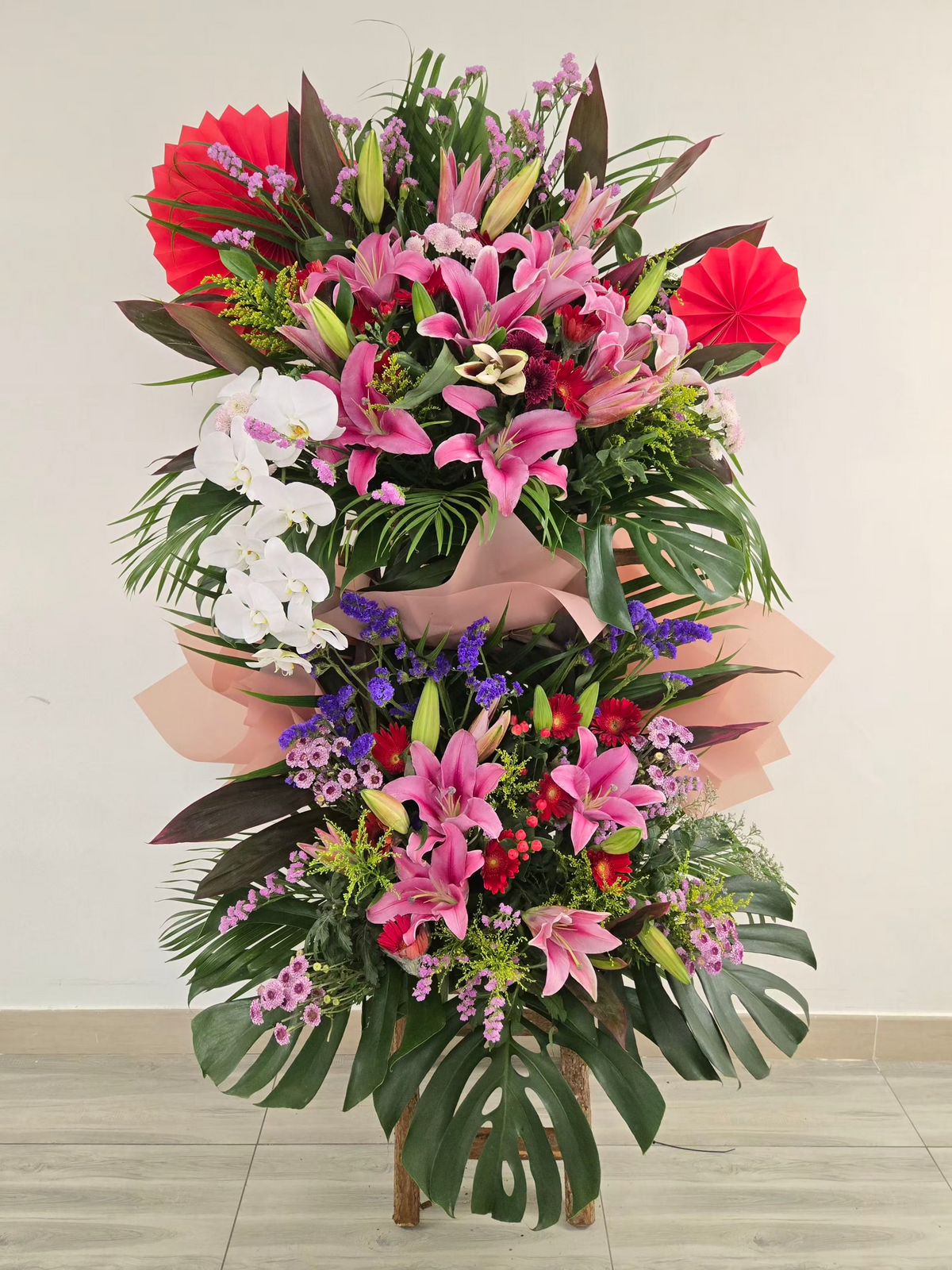 (粉色) 雙層百合開張花籃 Mr.045