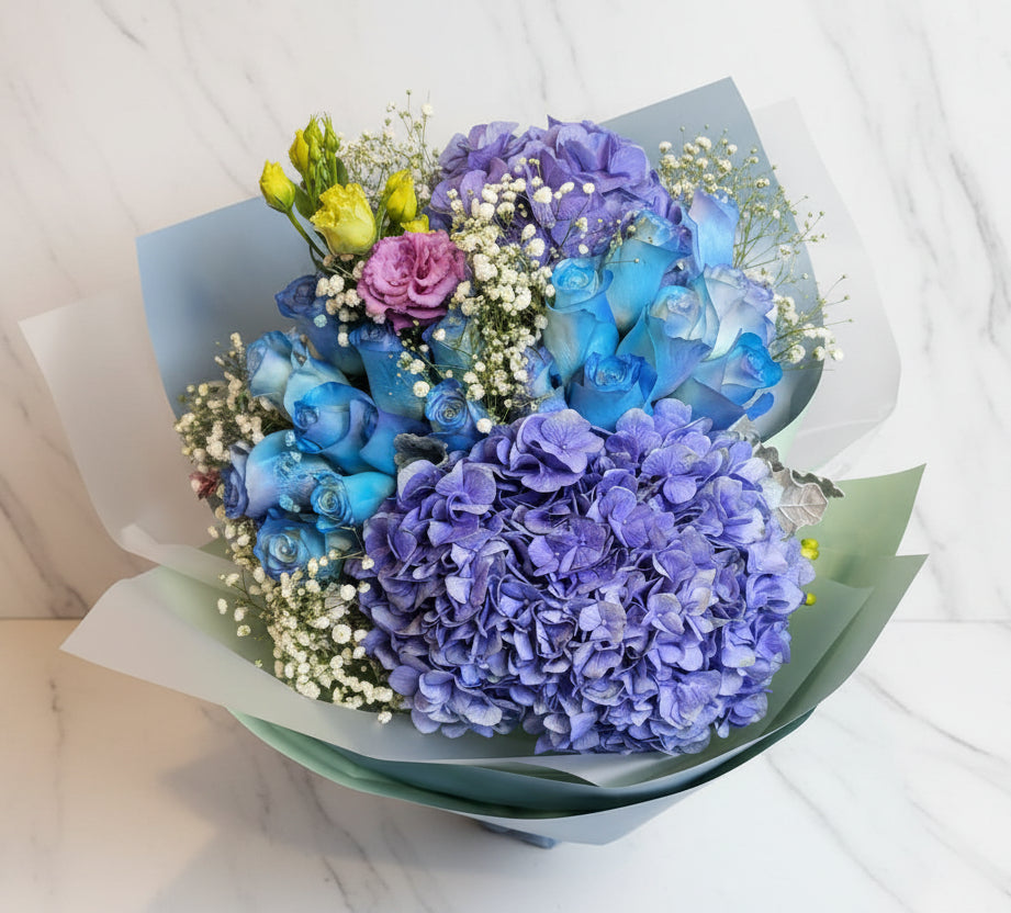 (紫藍色) 繡球冰藍色玫瑰花束 Mr.063