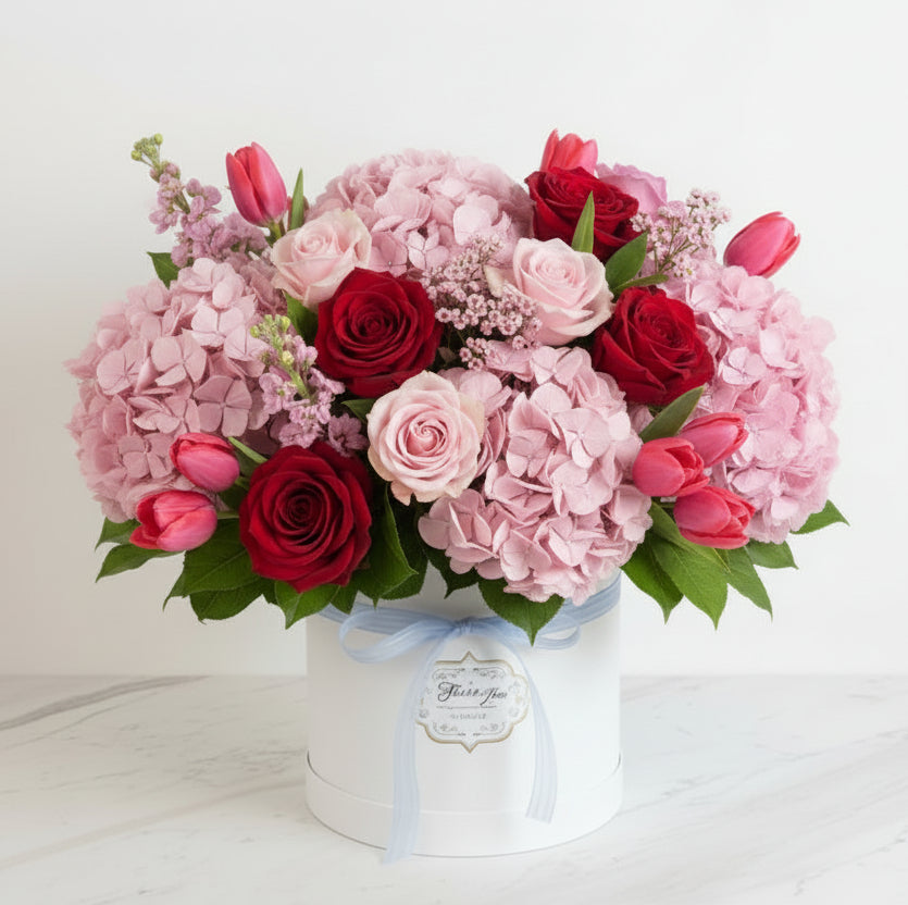 (紅色) 玫瑰16支繡球花盒 Mr.023