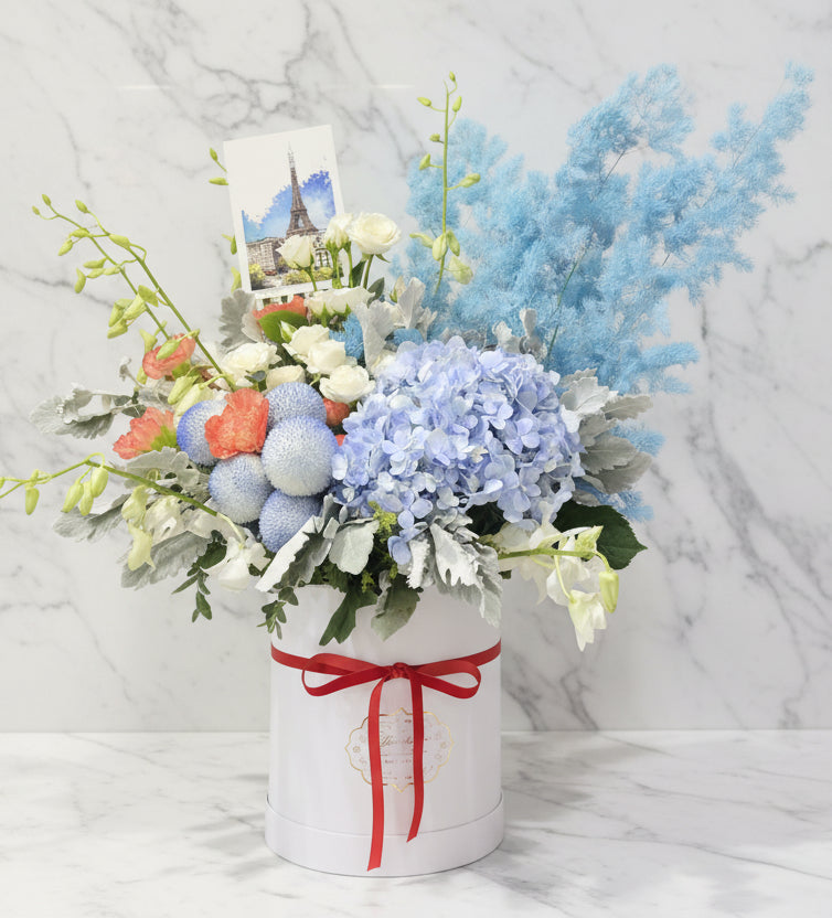 (粉藍) 玫瑰10支繡球花盒 Mr.024